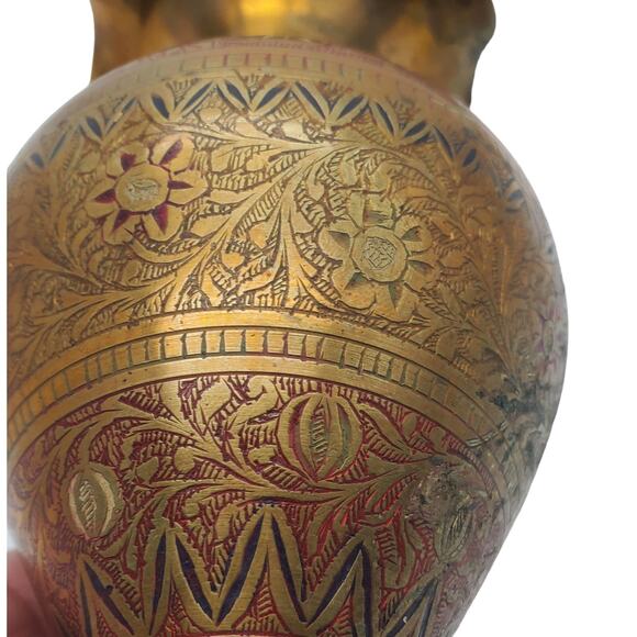 Solid Brass Etched Vase Enamel Red Black Floral Vintage MCM Ruffled Rustic Decor - Picture 3 of 11